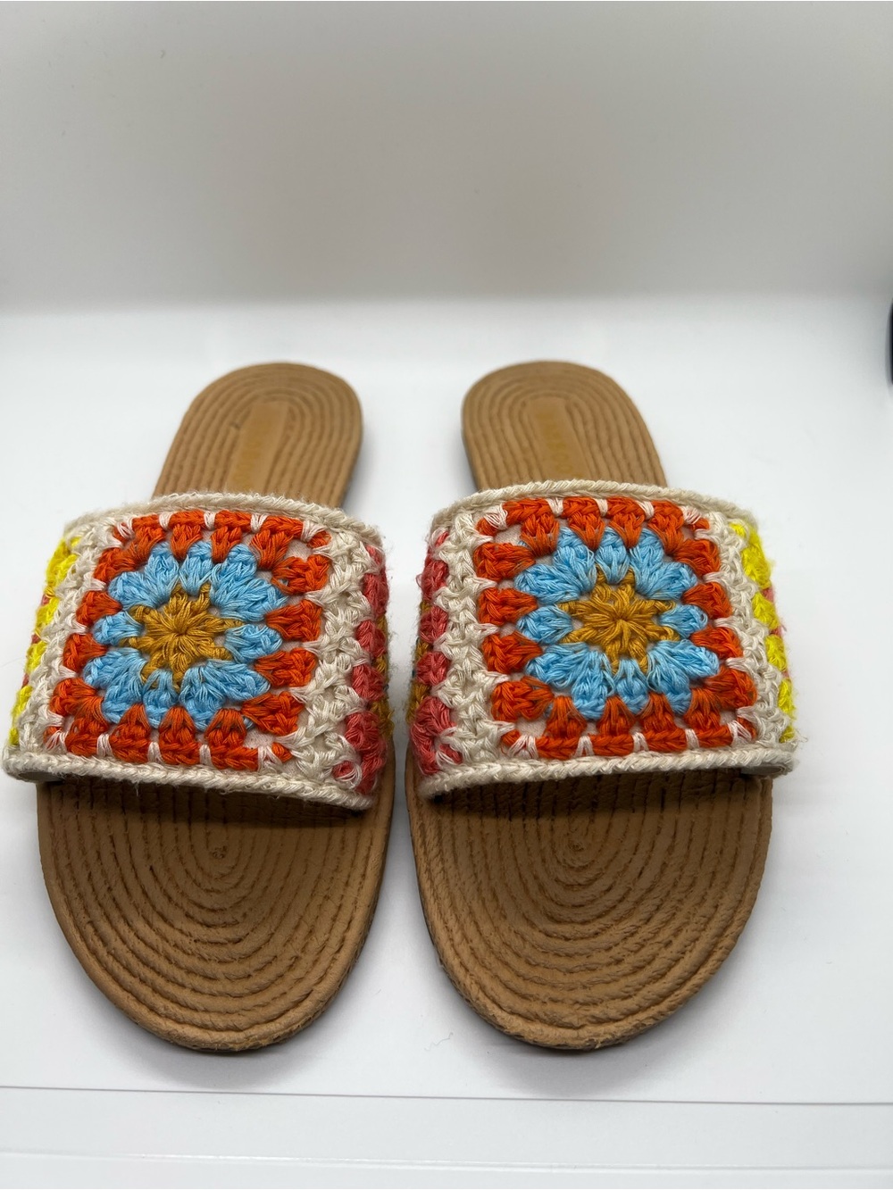 BAMBOO Crochet Strap Slide Sandals in Blue, Orange, Yellow, Cream